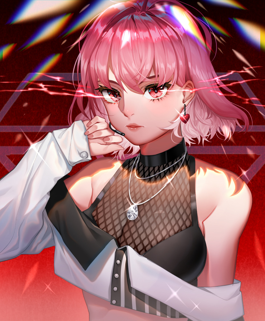 1girl absurdres bare_shoulders breasts buttons cleavage crop_top diamond_(gemstone) earrings fishnets gradient gradient_background hand_up heart heart_earrings highres ihachisu jewelry lapel_pin long_sleeves looking_at_viewer medium_breasts necklace off-shoulder_shirt off_shoulder original pink_hair red_eyes shirt short_hair solo upper_body white_shirt