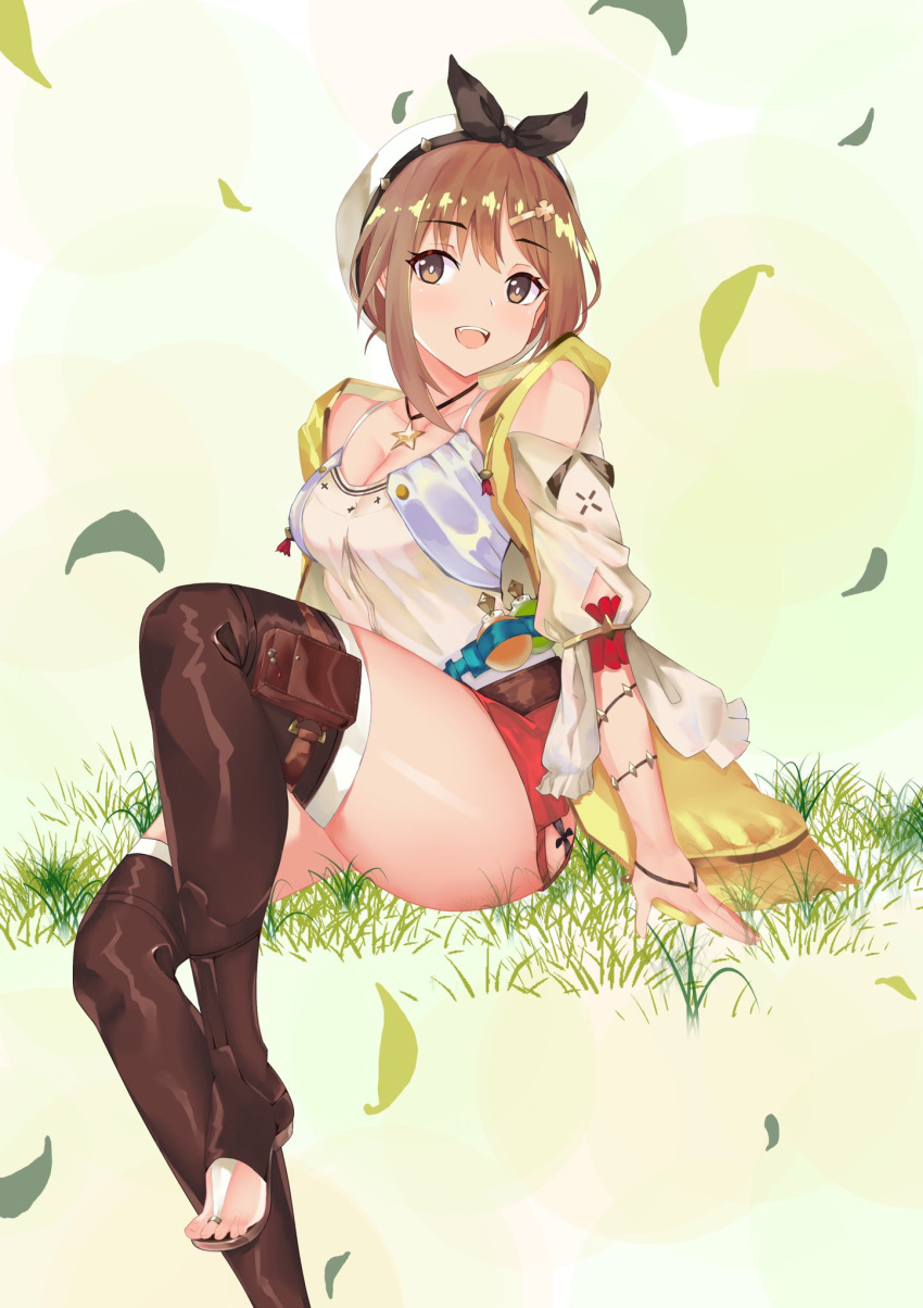 1girl atelier_(series) atelier_ryza bangs beret breasts brown_footwear cleavage collarbone commentary_request eyebrows_visible_through_hair full_body furukawa_wanosuke grass hair_ornament hairclip hat highres jewelry leaf necklace open_mouth open_toe_shoes red_shorts reisalin_stout shiny shiny_hair shiny_skin short_hair short_sleeves shorts simple_background sitting smile solo star star_necklace thighs toeless_legwear toes