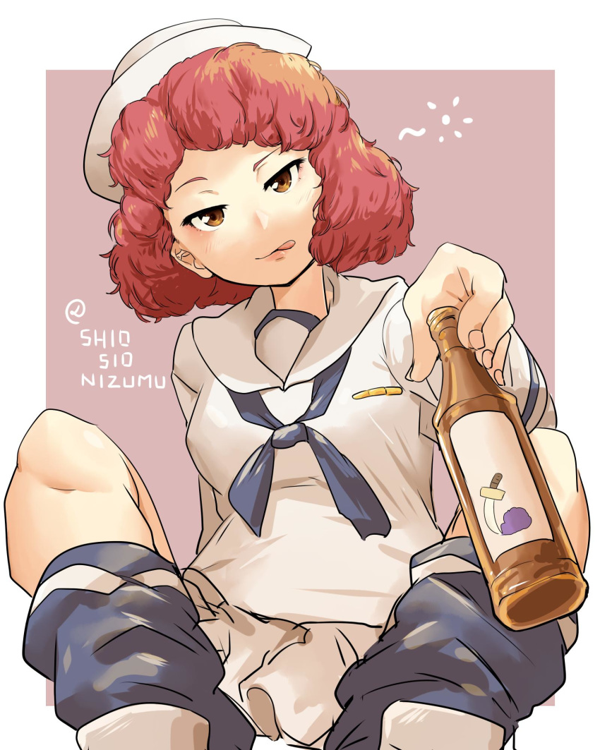 1girl :q arm_behind_back beer_bottle blouse bottle closed_mouth commentary_request curly_hair dixie_cup_hat drunk foreshortening girls_und_panzer grey_background half-closed_eyes hat head_tilt highres holding holding_bottle licking_lips lips loafers long_sleeves looking_at_viewer loose_socks military_hat miniskirt navy_blue_legwear navy_blue_neckwear neckerchief offering ooarai_naval_school_uniform pleated_skirt print_legwear red_eyes red_hair rum_(girls_und_panzer) sailor sailor_collar school_uniform shio_nizumu shoes short_hair sitting skirt smile socks solo tongue tongue_out twitter_username white_blouse white_footwear white_headwear white_skirt