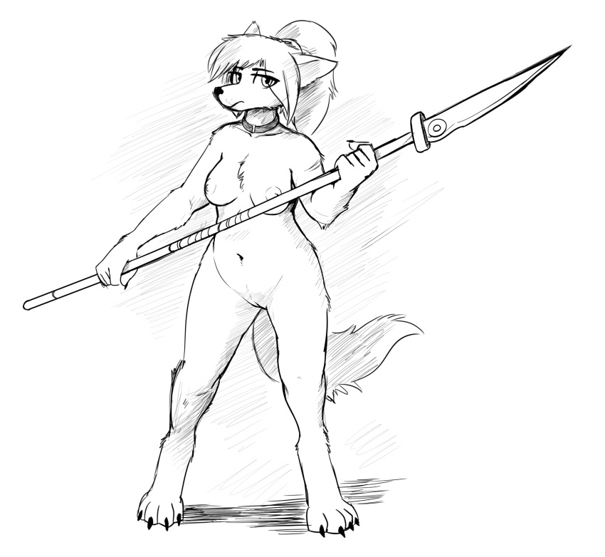 2019 absurd_res alon alonwoof anthro bare_sands barefoot blue_hair breasts canid canine canis casual_nudity collar collar_only digital_media_(artwork) female fluffy fluffy_tail fur hair hi_res looking_at_viewer mammal melee_weapon naginata nipples nude polearm pussy simple_background slightly_chubby solo the-minuscule-task thick_thighs video_games weapon white_fur wolf