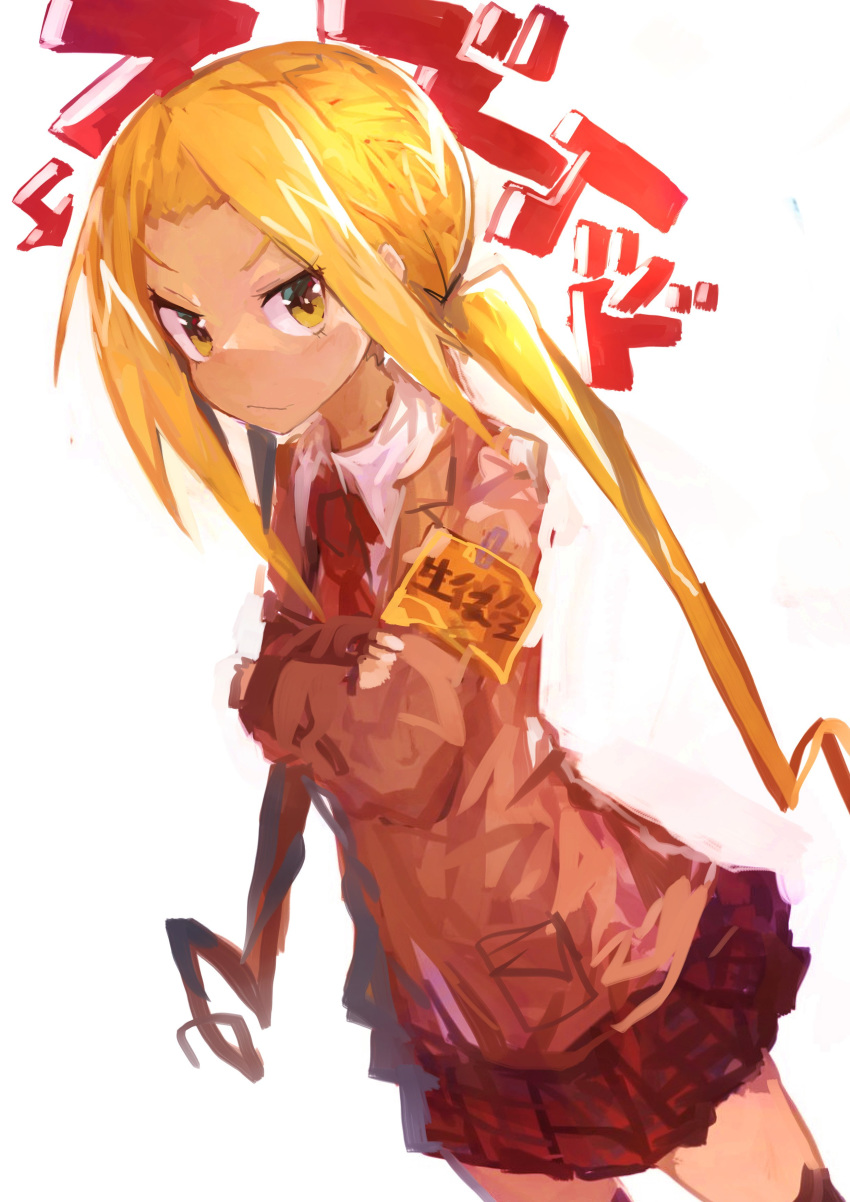 1girl absurdres armband blazer blonde_hair closed_mouth commentary crossed_arms dutch_angle hagimura_suzu highres jacket kaamin_(mariarose753) long_hair long_sleeves looking_at_viewer miniskirt safety_pin school_uniform seitokai_yakuindomo simple_background skirt solo thighhighs thighs twintails white_background yellow_eyes