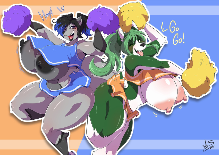 anthro big_breasts breasts canid canine cheerleader clothed clothing curvaceous duo female huge_breasts mammal mrsakai nipples open_mouth smile thick_thighs tongue tongue_out zenocoyote_(oc)