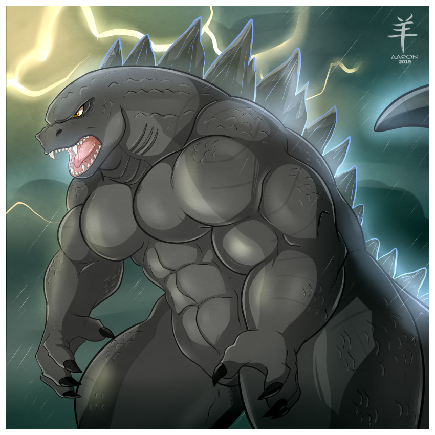 aaron_(artist) anthro breath dinosaur featureless_crotch godzilla godzilla_(series) lightning male muscular muscular_male nude open_mouth raining reptile scalie solo standing teeth thick_thighs toho tongue