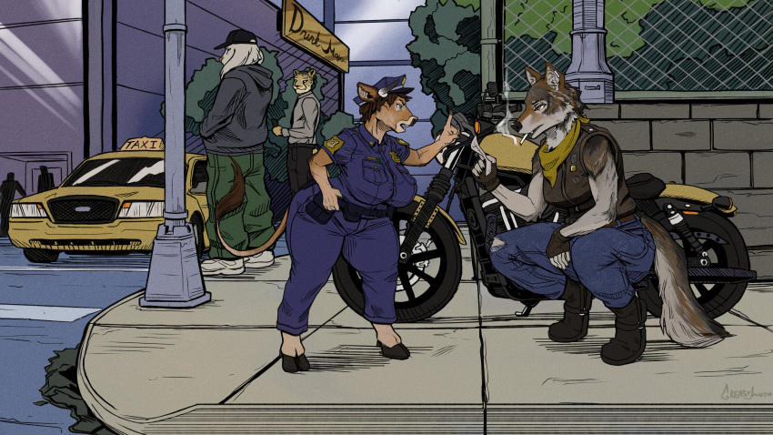 absurd_res anthro bovid bovine canid canine canis car cigarette clothed clothing crouching curvaceous felid feline female fingerless_gloves footwear ford gloves greasymojo group hat headgear headwear hi_res mammal motorcycle outside police_uniform shoes standing uniform vehicle wolf