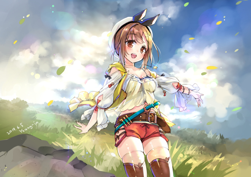 1girl atelier_(series) atelier_ryza bangs belt belt_buckle beret black_ribbon blue_belt blue_sky blush breasts brown_belt brown_eyes brown_hair brown_shirt buckle cloud cloudy_sky commentary_request day eyebrows_visible_through_hair hair_ornament hairclip hat hood hood_down hooded_jacket jacket jin_young-in leaves_in_wind long_sleeves medium_breasts open_clothes open_jacket outdoors outstretched_arm puffy_long_sleeves puffy_sleeves red_shorts reisalin_stout ribbon round-bottom_flask shirt short_shorts shorts skindentation sky sleeveless_jacket solo standing thighhighs vial white_headwear white_legwear white_sleeves yellow_jacket