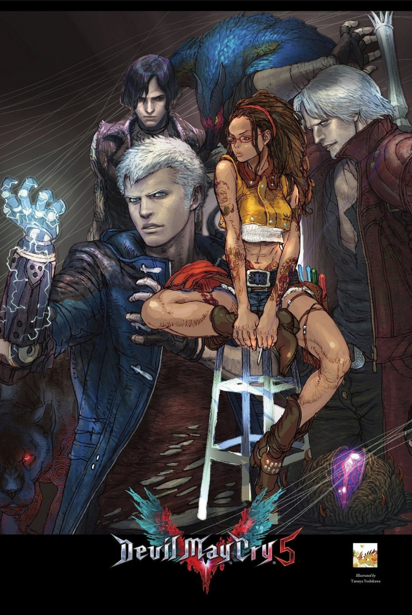 1girl 3boys arm_tattoo bird black_hair black_panther blue_eyes brown_hair capcom crop_top cutoffs dante_(devil_may_cry) dark_skin denim denim_shorts devil_may_cry_5 facial_hair freckles glasses griffon_(devil_may_cry_5) hairband highres leg_tattoo letterboxed long_hair male_focus mechanical_arm midriff multiple_boys navel nero_(devil_may_cry) nico_(devil_may_cry) official_art panther prosthesis prosthetic_arm red-framed_eyewear red_hairband shadow_(devil_may_cry_5) short_hair shorts sitting sparda_(sword) stubble tattoo v_(devil_may_cry) vest white_hair yoshikawa_tatsuya