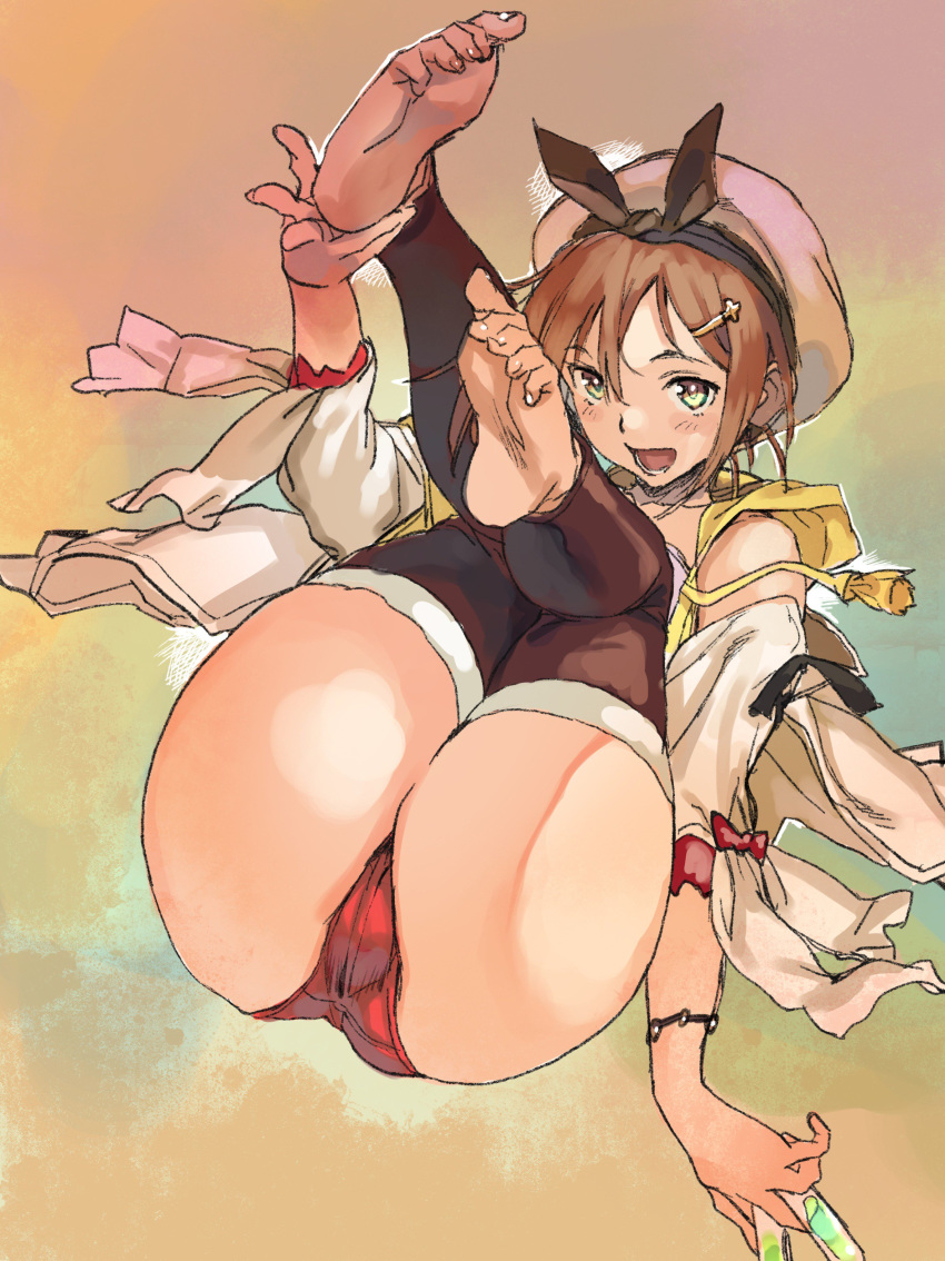 1girl absurdres ass atelier_(series) atelier_ryza barefoot belt breasts brown_eyes brown_hair gloves hair_ornament hairclip hat highres jewelry looking_at_viewer necklace red_shorts reisalin_stout round-bottom_flask sameda_koban short_shorts shorts single_glove smile solo thighhighs thighs