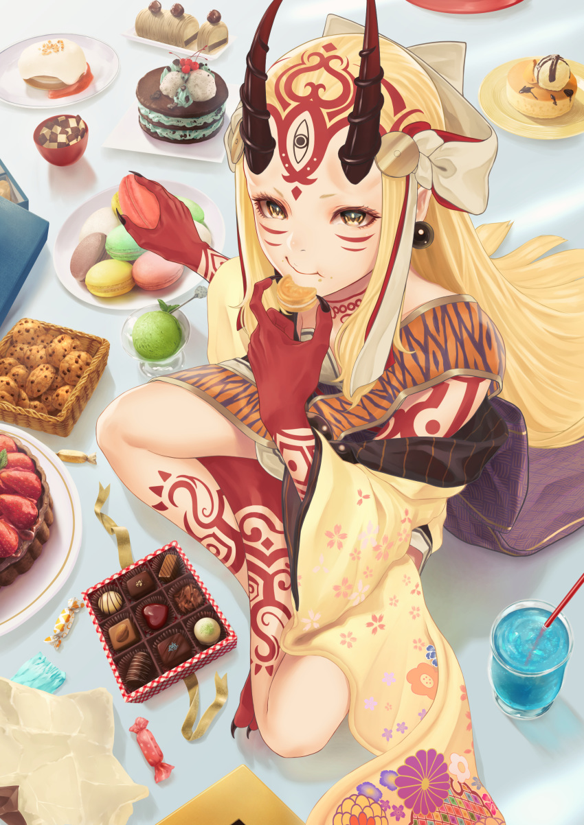 1girl absurdres black_nails blonde_hair bowl cake candy chocolate cookie cup drinking_glass drinking_straw eating facial_mark fate/grand_order fate_(series) fingernails food forehead_mark from_above fruit highres holding holding_food horns ibaraki_douji_(fate/grand_order) japanese_clothes kimono lotus_position mugetsu2501 oni oni_horns plate pointy_ears sharp_fingernails sitting solo sweets tattoo yellow_eyes yellow_kimono