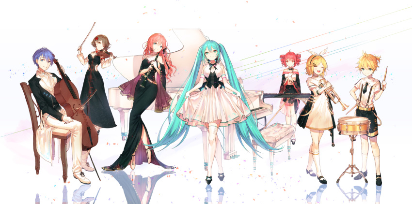 2boys 5girls ;) ^_^ ^o^ belt black_dress black_jacket black_neckwear black_ribbon black_shorts blue_eyes blue_hair bow bow_(instrument) bowtie breasts brown_eyes brown_hair buttons cello chair clarinet closed_eyes collared_shirt confetti curly_hair dress drill_hair drum drumsticks elbow_gloves eyebrows_visible_through_hair flat_chest flower formal full_body gloves hair_flower hair_ornament half-closed_eyes hand_on_hip hands_on_own_chest hatsune_miku high_heels highres holding holding_instrument instrument jacket kagamine_len kagamine_rin kaito kasane_teto kh_(kh_1128) light_smile long_dress long_hair looking_away marimba medium_breasts megurine_luka meiko miku_symphony_(vocaloid) multiple_boys multiple_girls neck_ribbon necktie one_eye_closed open_mouth pants piano piano_bench pink_hair ponytail red_eyes red_flower red_hair red_rose reflection ribbon ribbon_hair rose shirt short_dress short_hair short_ponytail shorts side_slit simple_background sitting skirt_hold small_breasts smile standing striped striped_background suspenders teeth thighhighs trumpet twin_drills twintails upper_teeth utau vertical-striped_background vertical_stripes very_long_hair violin vocaloid white_background white_dress white_footwear white_gloves white_legwear white_neckwear white_pants white_ribbon wide_sleeves