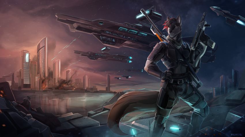 2019 anthro canid canine canis city clothed clothing detailed_background digital_media_(artwork) domestic_dog futuristic gun holding_object holding_weapon male mammal mindmachine ranged_weapon standing war weapon