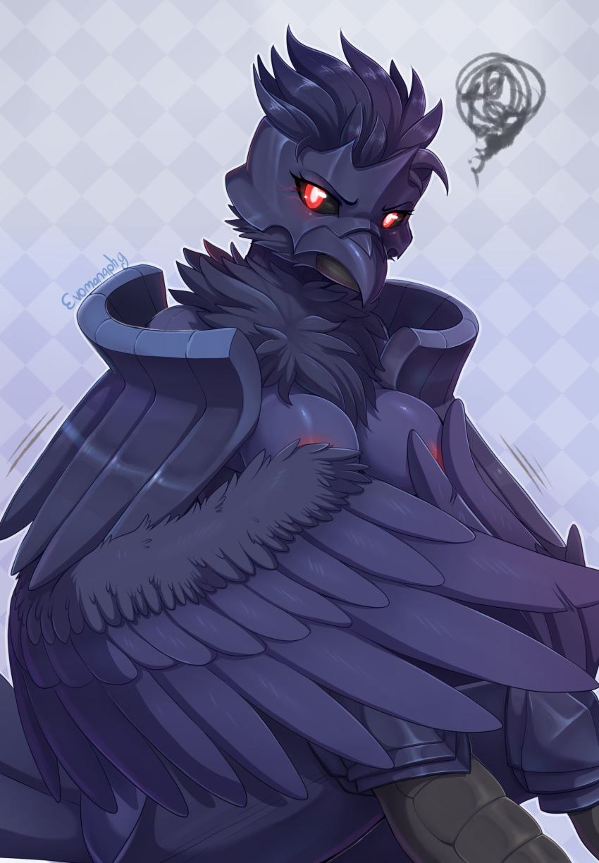 2019 absurd_res annoyed anthro anthrofied areola armor avian beak bird bird_feet black_sclera breasts corvid corviknight covering covering_breasts digital_media_(artwork) evomanaphy eyelashes feathers female hi_res looking_at_viewer nintendo nipples non-mammal_breasts pattern_background pok&eacute;mon pok&eacute;mon_(species) pok&eacute;morph red_eyes scutes signature simple_background solo video_games