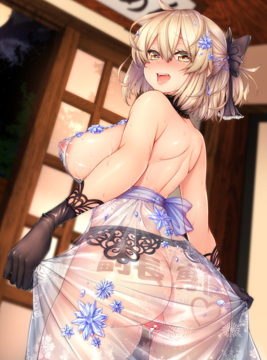1girl ahoge alternate_costume architecture artoria_pendragon_(all) artoria_pendragon_(lancer_alter) artoria_pendragon_(lancer_alter)_(cosplay) ass black_bow black_gloves black_legwear blonde_hair blush body_writing bow breasts censored choker cosplay east_asian_architecture fate/grand_order fate_(series) garter_belt gloves hair_bow half_updo heart heart_censor highres indoors large_breasts lingerie looking_at_viewer medium_hair mia_(gute-nacht-07) multiple_girls okita_souji_(fate) okita_souji_(fate)_(all) solo sweat underwear yellow_eyes