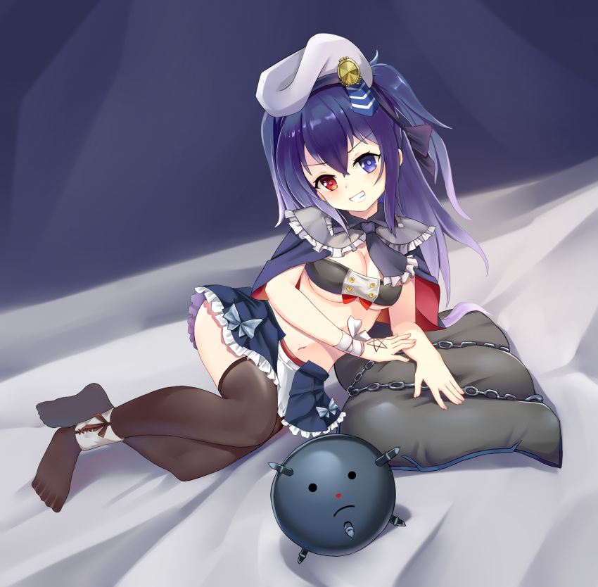 1girl azur_lane bed beret black_hair black_legwear breasts capelet chain cleavage commentary_request explosive frown full_body grin hat heterochromia highres long_hair looking_at_viewer medium_breasts mine_(weapon) naval_mine navel necktie no pillow shoes simple_background smile solo the_hermit thighhighs z36_(azur_lane)