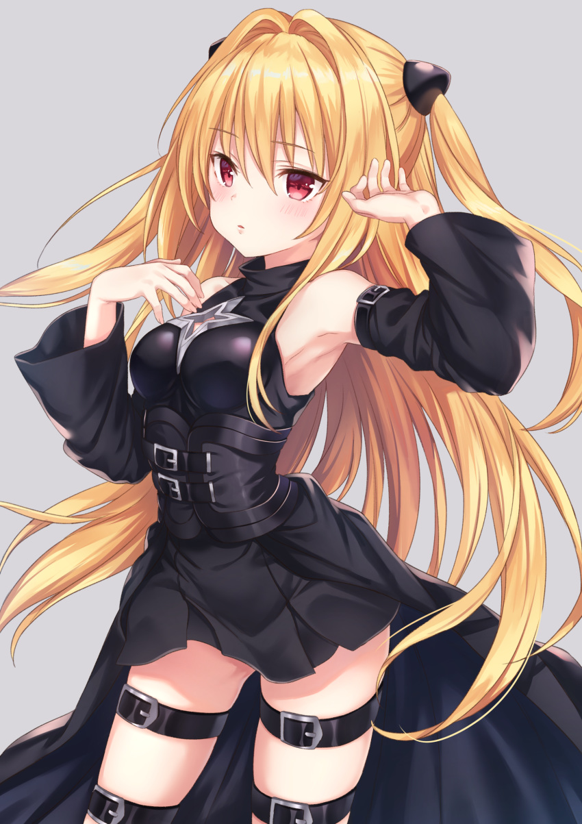 1girl absurdres arm_up armpits bangs bare_shoulders belt_buckle black_shirt black_skirt blonde_hair blush breasts buckle cowboy_shot detached_sleeves floating_hair grey_background hair_intakes hair_ornament hand_up highres jimmy konjiki_no_yami leg_belt long_hair long_sleeves looking_at_viewer medium_breasts miniskirt parted_lips pleated_skirt red_eyes shirt simple_background skindentation skirt solo standing thighs to_love-ru two_side_up very_long_hair waist_cape