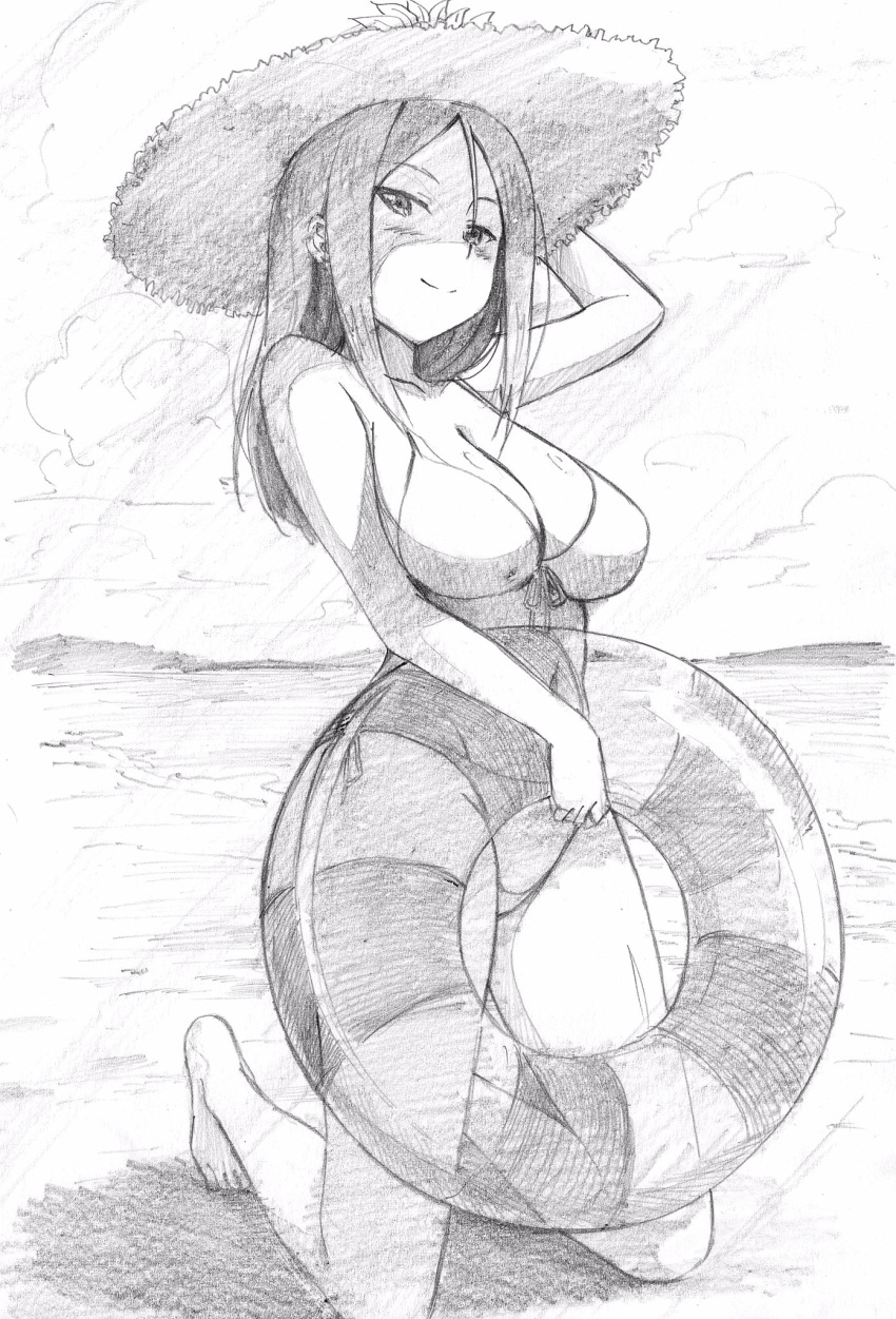 1girl arm_up bangs barefoot beach bikini breasts cleavage closed_mouth cloud cloudy_sky commentary crotch_seam front-tie_bikini front-tie_top full_body girls_und_panzer graphite_(medium) greyscale half-closed_eyes hand_on_headwear hat highres holding holding_innertube innertube kneeling light_blush long_hair looking_at_viewer medium_breasts monochrome nonna outdoors pink_x side-tie_bikini sky smile solo straw_hat sun_hat swept_bangs swimsuit traditional_media