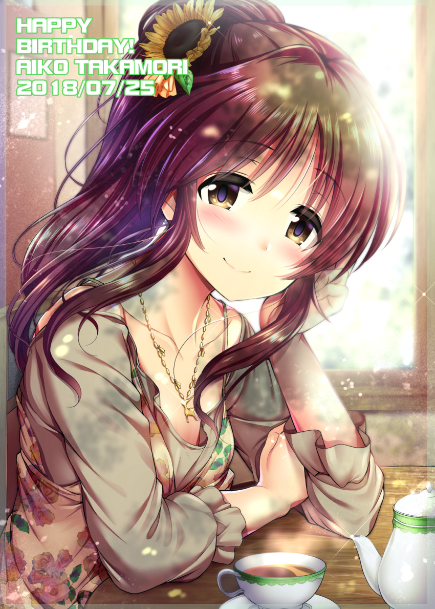 1girl 2018 blush brown_eyes brown_hair collarbone cup dated eyebrows_visible_through_hair flower grey_shirt hair_between_eyes hair_flower hair_ornament happy_birthday head_rest highres idolmaster idolmaster_cinderella_girls indoors jewelry long_hair long_sleeves looking_at_viewer ment necklace ponytail shiny shiny_hair shirt sidelocks smile solo sunflower takamori_aiko teacup teapot upper_body yellow_flower