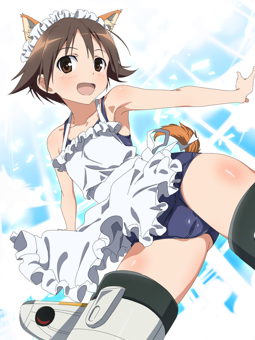 1girl animal_ears apron armpits ass_visible_through_thighs bangs blue_swimsuit brown_eyes brown_hair crotch_seam dog_ears dog_tail flying highres light_blush looking_at_viewer maid_apron maid_headdress miyafuji_yoshika one-piece_swimsuit open_mouth pink_x school_swimsuit short_hair smile solo strike_witches striker_unit swimsuit tail white_apron world_witches_series