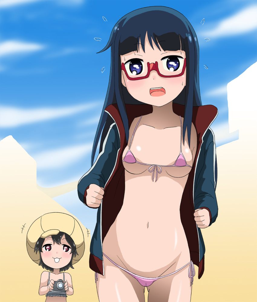 2girls ass_visible_through_thighs bangs bikini black_hair blue_eyes blue_hair blue_jacket blue_sky blunt_bangs blush breasts breasts_apart building cameltoe camera cloud cloudy_sky collarbone day denki-gai_no_hon'ya-san embarrassed eyebrows_visible_through_hair female_pervert foreshortening frilled_swimsuit frills front-tie_bikini front-tie_top glasses grey_swimsuit groin heart heart-shaped_pupils highres holding holding_camera jacket kakkii kameko_(denki-gai) long_hair looking_at_viewer micro_bikini multiple_girls navel open_clothes open_jacket open_mouth outdoors pervert pink_bikini purple_eyes red-framed_eyewear round_teeth semi-rimless_eyewear sensei_(denki-gai) shiny shiny_hair shiny_skin short_hair side-tie_bikini sidelocks silhouette sky small_breasts string_bikini swimsuit symbol-shaped_pupils teeth tongue track_jacket underboob vertical-striped_jacket yellow_headwear