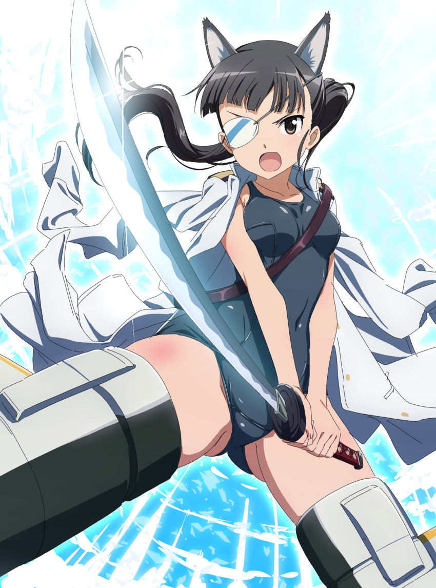 1girl animal_ears ass_visible_through_thighs bangs black_eyes black_hair black_swimsuit covered_navel crotch_seam eyepatch flying foreshortening frown highres holding holding_sword holding_weapon jacket jacket_on_shoulders katana long_hair long_sleeves looking_at_viewer military_jacket one-piece_swimsuit open_mouth pink_x ponytail sakamoto_mio school_swimsuit solo sparkle strike_witches striker_unit swimsuit sword weapon white_jacket world_witches_series