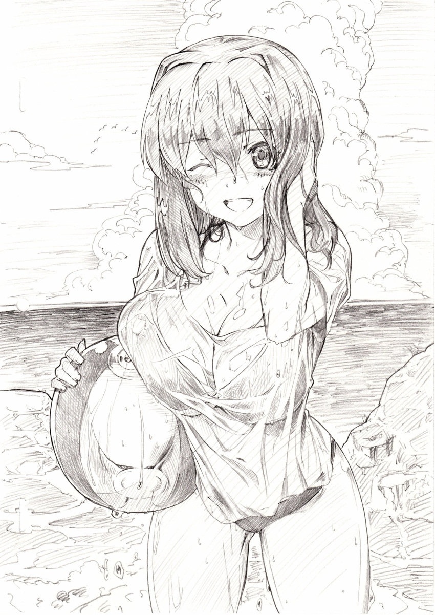 1girl ball bangs beach beachball bikini breasts cleavage cloud cloudy_sky commentary eyebrows_visible_through_hair girls_und_panzer graphite_(medium) greyscale hand_in_hair highres holding holding_ball kneeling kondou_taeko large_breasts leaning_forward light_blush looking_at_viewer medium_hair monochrome no_headband no_pants ocean one_eye_closed open_mouth pink_x see-through shirt short_sleeves sky smile solo swimsuit t-shirt thighs traditional_media wet wet_clothes wet_shirt