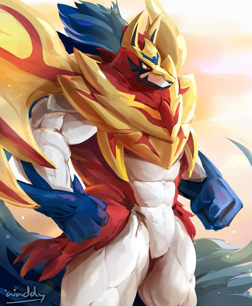 2019 abs anthro anthrofied blue_fur canid canine featureless_crotch fur legendary_pok&eacute;mon male mammal muscular muscular_male nintendo pok&eacute;mon pok&eacute;mon_(species) pok&eacute;morph solo standing video_games waddledox zamazenta