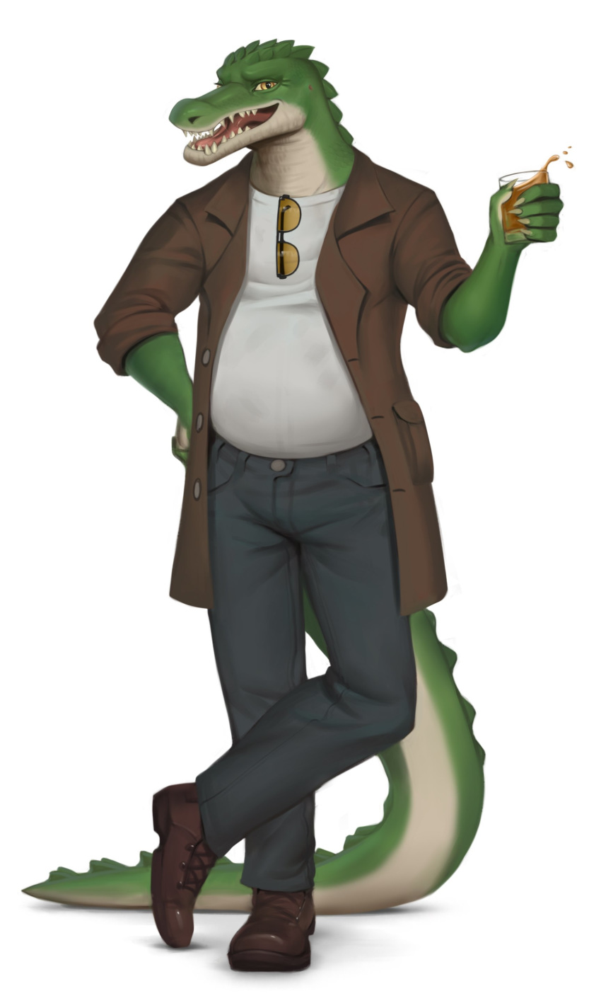 alcohol alligator alligatorid anthro beer beverage clothed clothing cregon crocodile crocodilian crocodylid darkesthound eyewear footwear fully_clothed glass jeans male open_maw pants pose reptile scalie shoes simple_background smile sunglasses teeth white_background