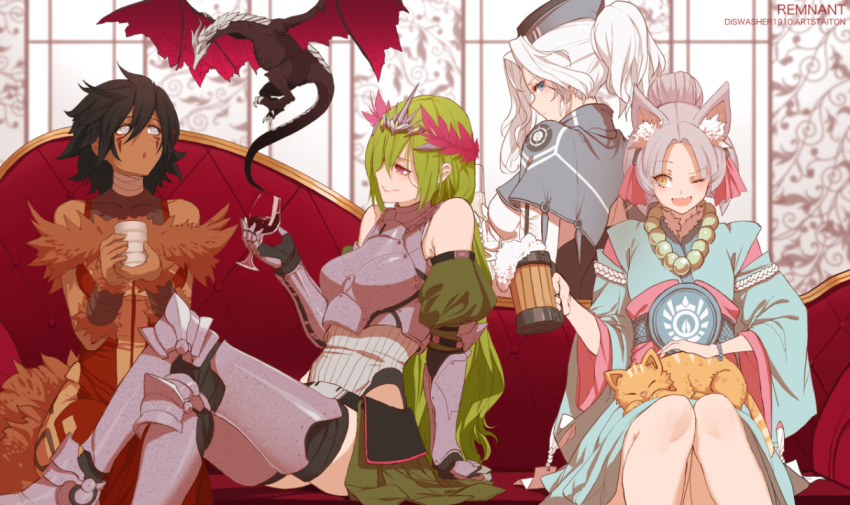 4girls alcohol animal_ears armor bead_bracelet bead_necklace beads beer beer_mug black_hair bracelet breastplate capelet cat couch cup dishwasher1910 dragon drink drinking drinking_glass facial_mark fox_ears greaves green_hair grey_hair grimm grimm_dragon hat japanese_clothes jewelry long_hair military_hat multiple_girls necklace one_eye_closed personification pet petting rwby short_hair teacup white_hair wine wine_glass