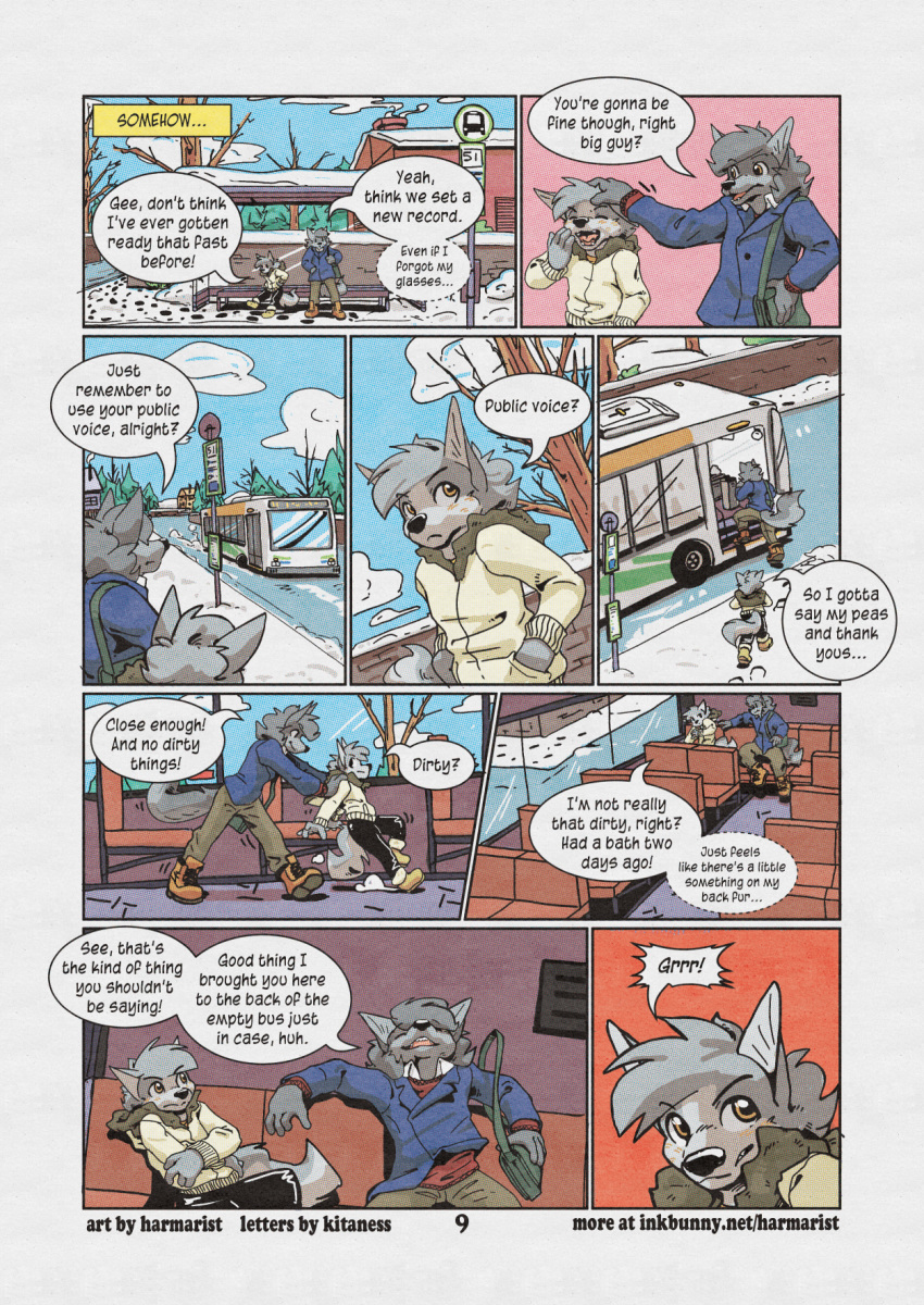 2019 alex_(harmarist) anthro brother brothers canid canine canis clothing comic english_text harmarist hi_res male mammal outside sibling sitting text will_(harmarist) wolf young