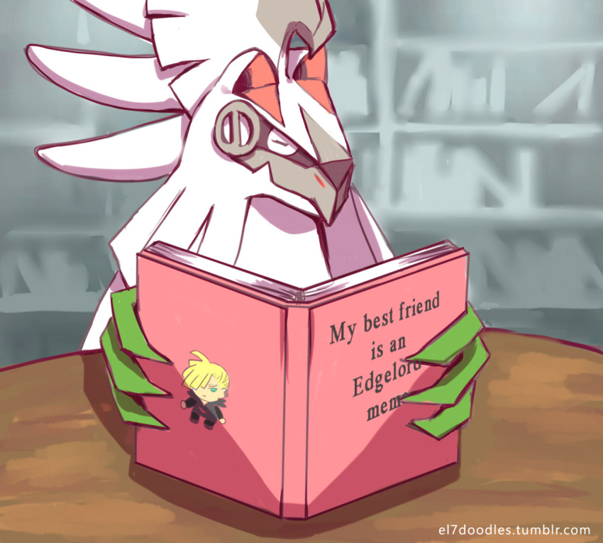 ambiguous_gender book chimera claws el7doodles english_text eyes_closed gladion_(pok&eacute;mon) human humor hybrid legendary_pok&eacute;mon library mammal nintendo pok&eacute;mon pok&eacute;mon_(species) reading sharp_claws silvally sitting text video_games