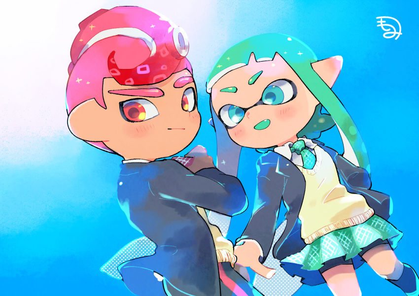 1boy 1girl :d aqua_hair aqua_neckwear aqua_skirt bike_shorts black_jacket blue_eyes closed_mouth collared_shirt domino_mask fang highres inkling jacket kirikuchi_riku leg_up long_hair long_sleeves mask miniskirt mohawk necktie octarian octoling open_clothes open_jacket open_mouth pink_hair pink_neckwear plaid plaid_neckwear plaid_skirt pleated_skirt pointy_ears red_eyes school_uniform shirt short_hair shorts shorts_under_skirt single_vertical_stripe skirt smile splatoon_(series) splatoon_2 sweater_vest tentacle_hair white_shirt