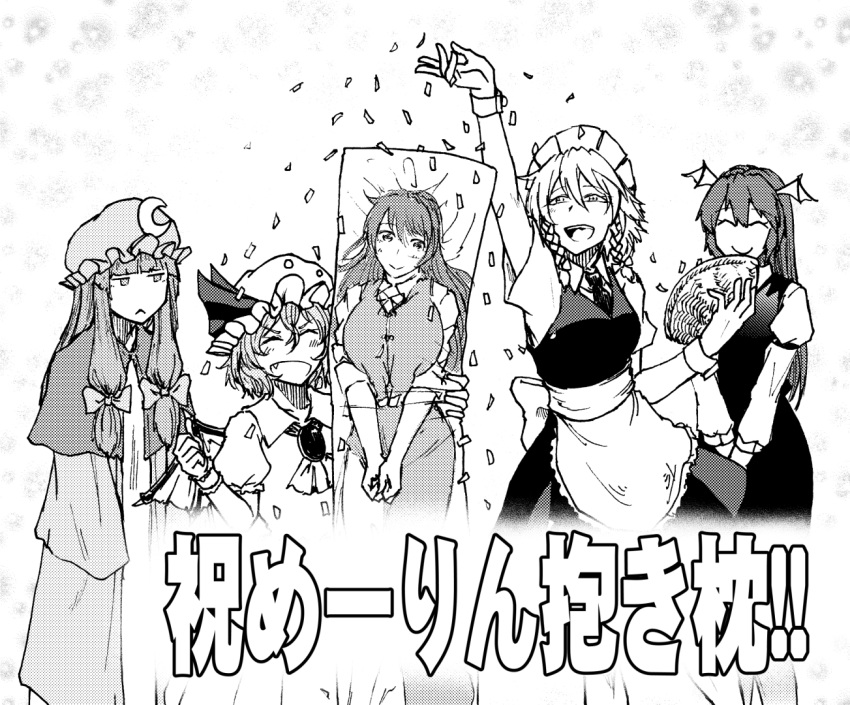 4girls :&gt; :&lt; apron baggy_clothes bat_wings braid breasts collared_shirt dakimakura_(object) eyebrows_visible_through_hair fang frills hat head_wings hong_meiling izayoi_sakuya jewelry koyubi_(littlefinger1988) large_breasts long_hair long_sleeves maid maid_apron maid_headdress moon_(ornament) multiple_girls necklace necktie nightcap nightgown open_mouth patchouli_knowledge pillow puffy_short_sleeves puffy_sleeves remilia_scarlet ribbon shirt short_hair short_sleeves simple_background skirt sleeves_rolled_up smile teeth tongue touhou twin_braids vampire white_background white_shirt wings