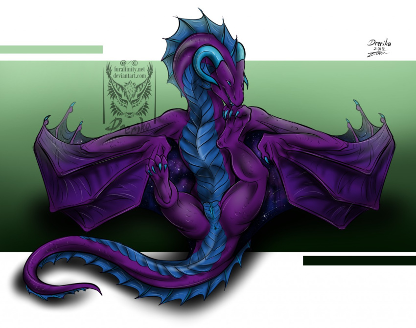 2019 digital_media_(artwork) dracarna dragon drerika female feral lying on_back presenting pussy scalie wings wyvern