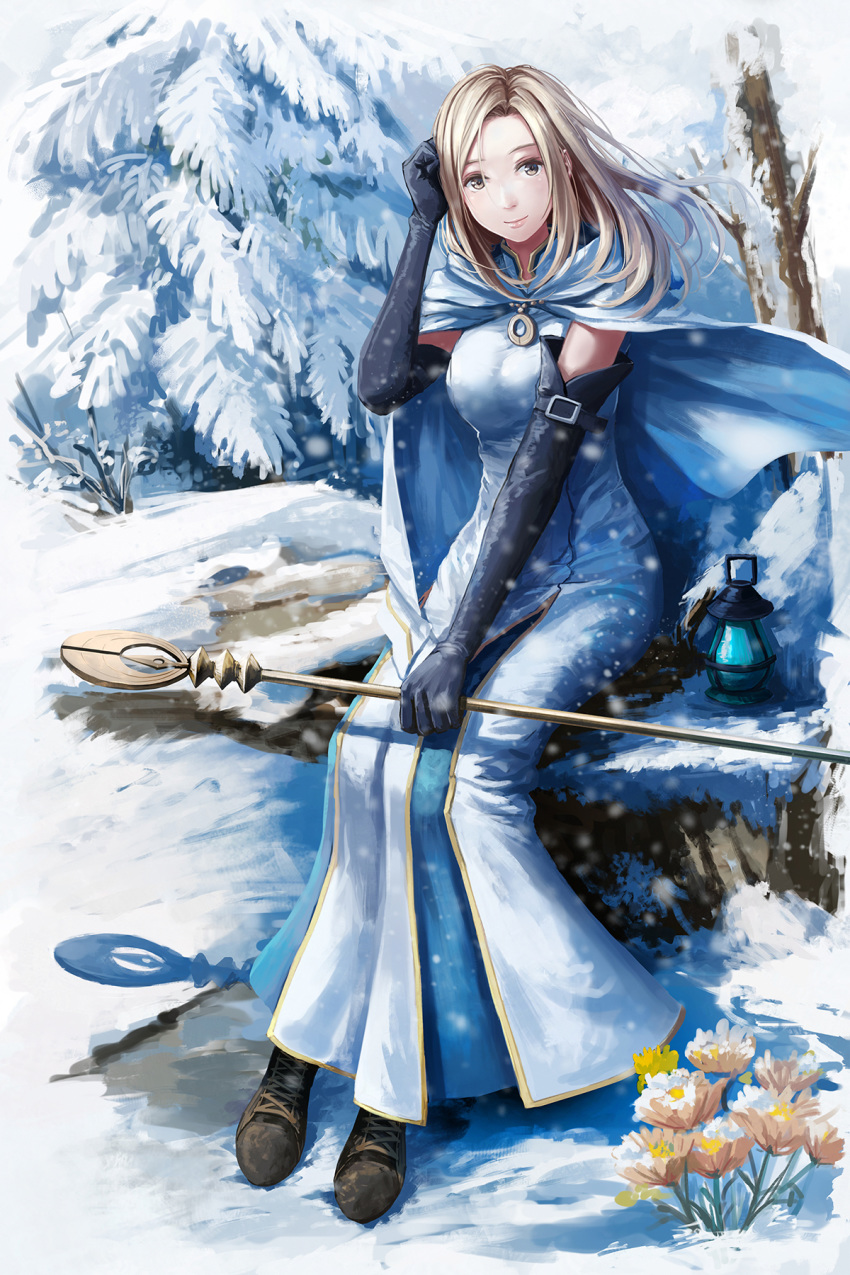 1girl black_gloves blonde_hair breasts brown_eyes buckle cloak closed_mouth commentary dress elbow_gloves flower gloves hand_on_own_head highres holding holding_staff lantern long_dress long_hair looking_at_viewer medium_breasts octopath_traveler ophilia_(octopath_traveler) outdoors redpoke sitting smile snow snowing staff tree white_cloak white_dress