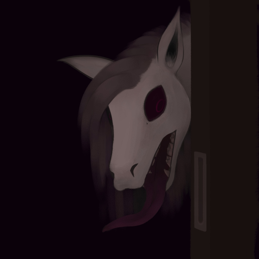 ambiguous_gender digital_media_(artwork) door equid equine fangs horse mammal monster portrait shakes_heartwood solo stoopedhooy tongue tongue_out