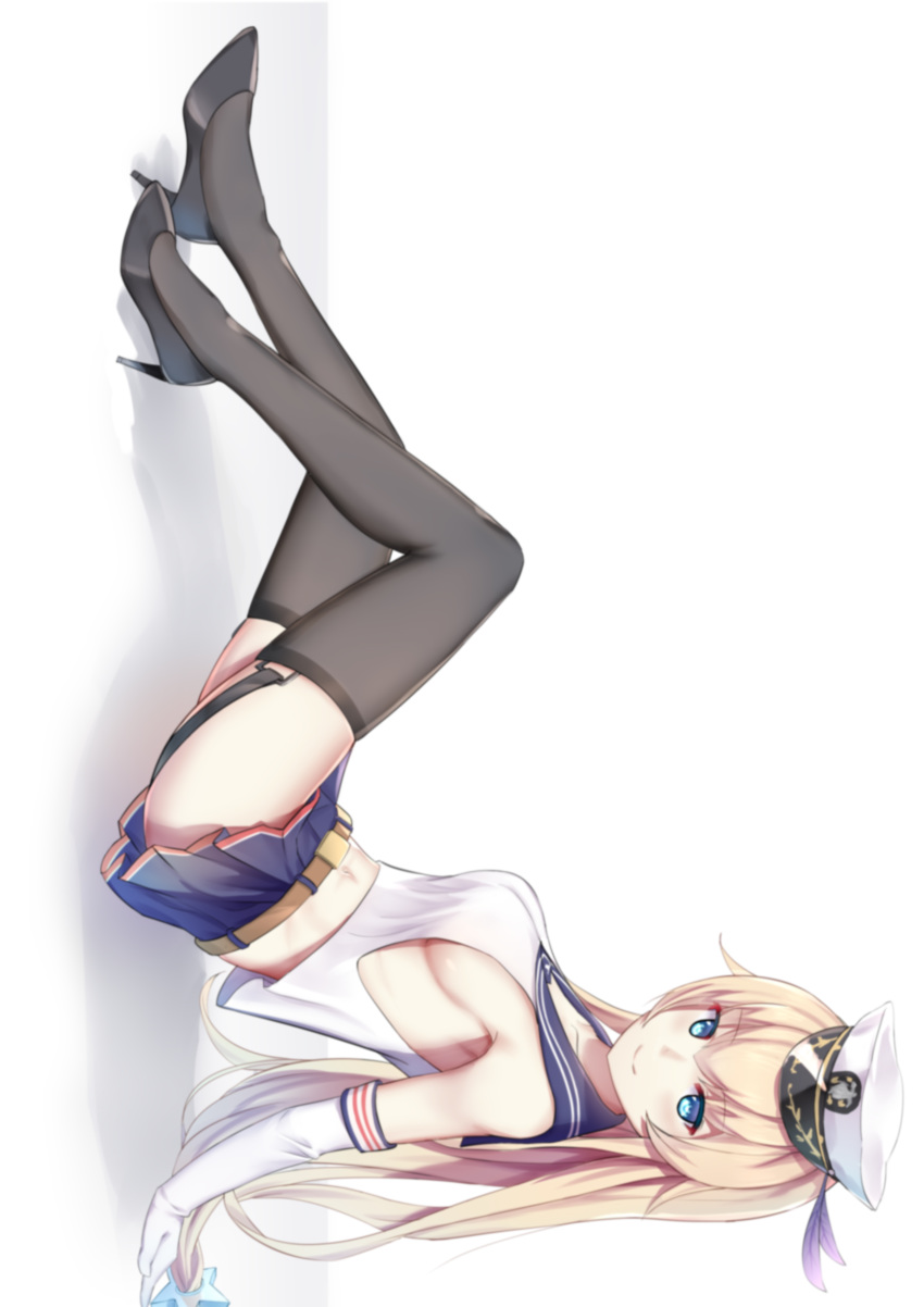 1girl absurdres armpits belt black_footwear black_legwear blonde_hair blue_eyes blue_sailor_collar blue_skirt breasts closed_mouth commentary_request elbow_gloves enterprise_(warship_girls_r) from_side garter_straps gei_daipf gloves hat hat_feather high_heels highres legs_up long_hair looking_at_viewer looking_to_the_side low-tied_long_hair medium_breasts miniskirt navel peaked_cap pleated_skirt sailor_collar school_uniform serafuku shirt sideboob skirt sleeveless sleeveless_shirt smile solo thighhighs top-down_bottom-up very_long_hair warship_girls_r white_gloves white_headwear white_shirt