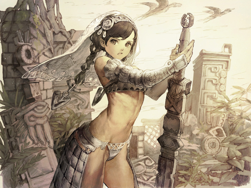 1girl :o arm_up armor baiguiyu bangs bare_shoulders bikini_armor bird braid brown_eyes column cowboy_shot faulds from_side holding lead long_hair looking_at_viewer looking_to_the_side navel open_mouth original outdoors pillar ruins solo stomach swept_bangs toned twin_braids vambraces veil