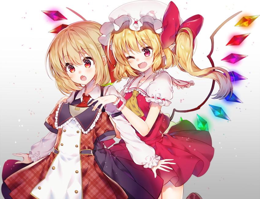 2girls :o ;d ascot black_skirt blonde_hair blush bow clothes_in_front commentary_request cowboy_shot crystal double-breasted dress fang flandre_scarlet frilled_shirt_collar frilled_sleeves frills gradient gradient_background grey_background hat hat_bow holding_clothes kawachi_rin long_sleeves mob_cap multiple_girls one_eye_closed one_side_up open_mouth pink_eyes plaid plaid_dress pointy_ears puffy_short_sleeves puffy_sleeves red_bow red_eyes red_skirt rumia shirt short_hair short_sleeves skin_fang skirt skirt_set smile touhou vest white_shirt wings wrist_cuffs