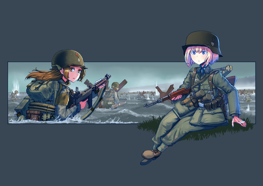 2girls absurdres backpack bag beach blonde_hair blue_eyes bolt_action boots brown_eyes brown_hair d-day erica_(naze1940) explosive faceless grenade gun helmet highres holding holding_gun holding_weapon long_hair looking_at_viewer mauser_98 military multiple_girls ocean original pouch rifle sitting submachine_gun thompson_submachine_gun wading weapon world_war_ii