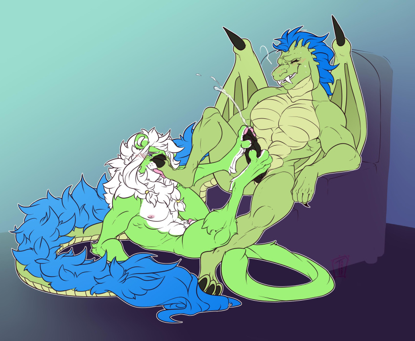 anthro cum cumshot dragon duo ejaculation erection felid feline foot_fetish foot_lick footjob hair licking male male/male mammal muscular muscular_male open_mouth orgasm sex smile tanks_(artist) tongue tongue_out wings