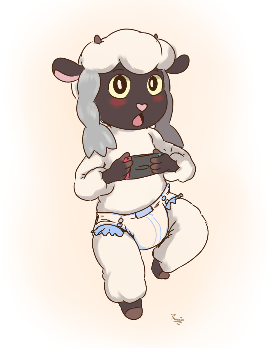 2019 blush bovid caprine diaper fluffy male mammal nintendo nintendo_switch playing pok&eacute;mon pok&eacute;mon_(species) sheep thaasteo video_games wooloo