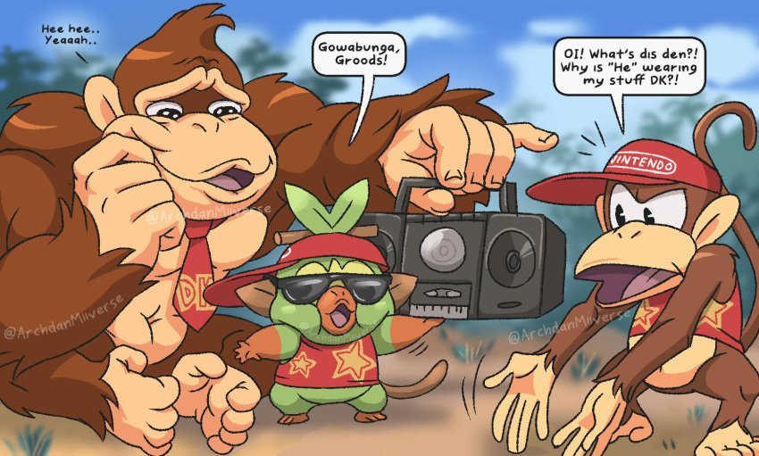 ! ... :o ? ambiguous_gender anthro ape archdan barefoot boombox british close-up clothed clothing crossover dialogue diddy_kong donkey_kong_(character) donkey_kong_(series) english_text eyewear featureless_crotch feral fur glasses gorilla grookey happy hat headgear headwear hi_res humor looking_down male mammal monkey muscular navel nintendo open_mouth pecs pok&eacute;mon pok&eacute;mon_(species) primate question shirt sitting size_difference smile standing text tongue topwear video_games