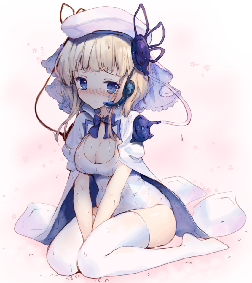 1girl absurdres arcaea bangs beret between_legs blonde_hair blue_cape blue_eyes blush breasts cape cleavage commentary covered_navel eto_(arcaea) eyebrows_visible_through_hair full_body hair_ornament hand_between_legs hat highres large_breasts long_hair multicolored multicolored_cape multicolored_clothes no_shoes nose_blush old_school_swimsuit one-piece_swimsuit school_swimsuit sidelocks sitting solo swimsuit symbol_commentary tandohark thighhighs wariza wet wet_clothes wet_hair wet_legwear wet_swimsuit wet_thighhighs white_cape white_headwear white_legwear white_school_swimsuit white_swimsuit