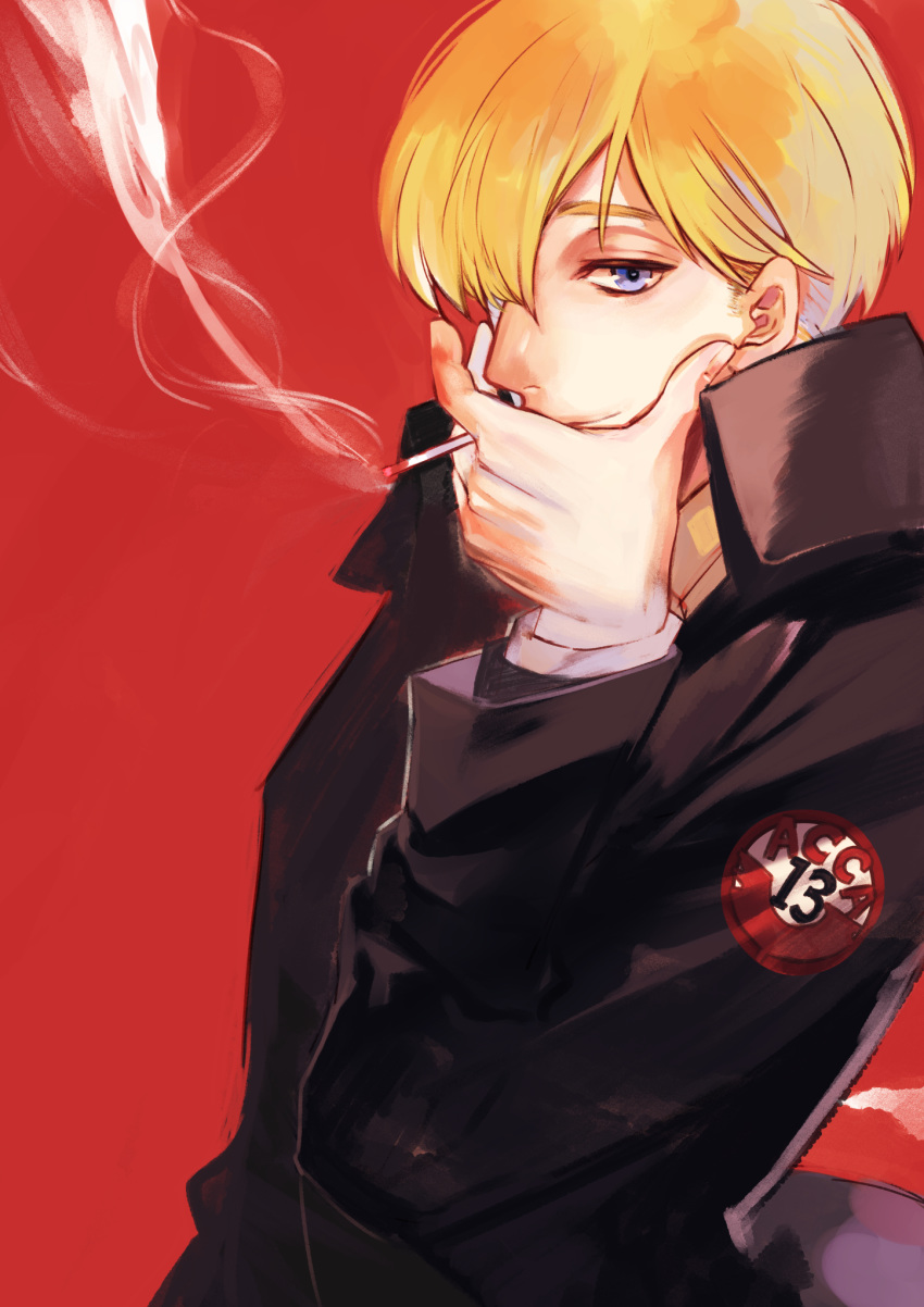 1boy acca_13-ku_kansatsu-ka blonde_hair blue_eyes cigarette hand_up highres jacket jean_otus long_sleeves looking_at_viewer male_focus naru_(kihime622) red_background simple_background smoking standing uniform