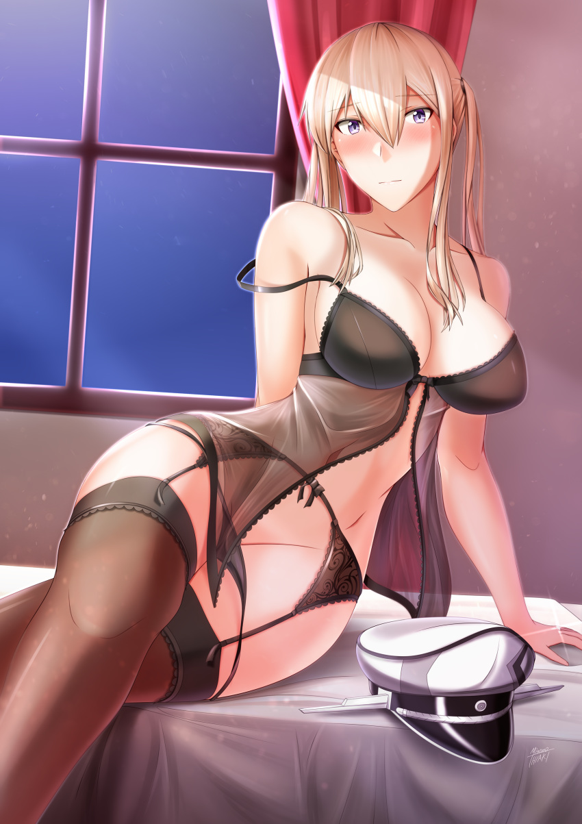 1girl absurdres arm_support babydoll black_legwear black_panties blonde_hair blush breasts collarbone curtains garter_belt graf_zeppelin_(kantai_collection) grey_eyes hair_between_eyes hat hat_removed headwear_removed highres indoors jewelry kantai_collection large_breasts lingerie looking_at_viewer misono_thiaki nose_blush on_bed panties peaked_cap ring see-through sidelocks solo strap_slip thighhighs twintails underwear underwear_only wedding_band white_headwear window