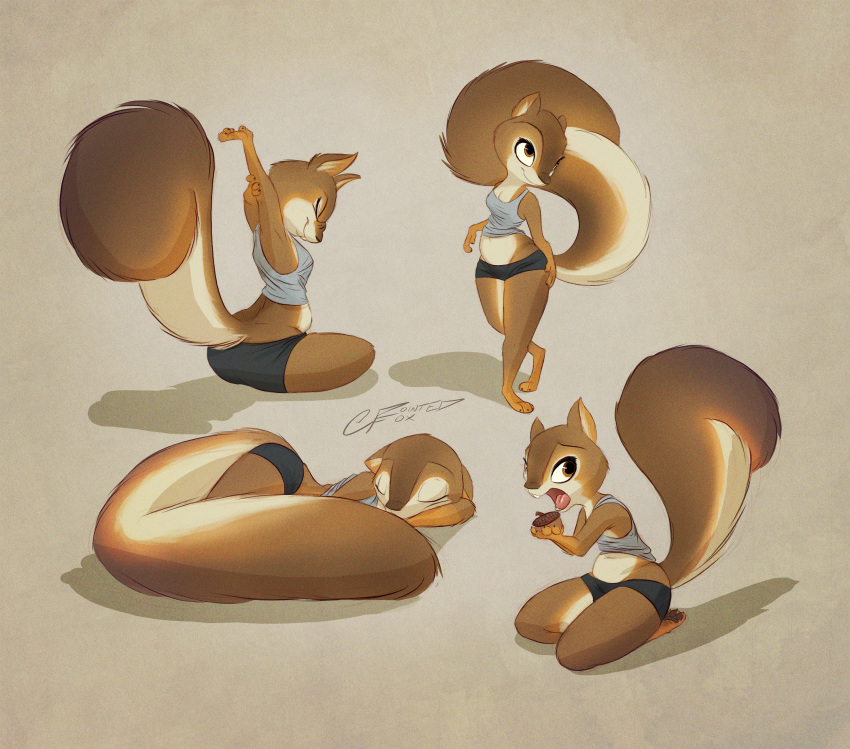 2018 3_toes 4_fingers absurd_res acorn anthro barefoot belly big_tail biped black_bottomwear black_clothing black_pawpads bottomwear breasts brown_eyes brown_fur brown_nose buckteeth clothed clothing dark_fur digital_drawing_(artwork) digital_media_(artwork) english_text eyebrows eyelashes eyes_closed female fluffy fluffy_tail food fur gloves_(marking) grainy grey_clothing grey_topwear hi_res holding_object huge_tail light_fur long_tail looking_back looking_up lying mammal markings midriff multicolored_fur multicolored_tail multiple_scenes navel nut on_side open_mouth pawpads plantigrade pointedfox raised_inner_eyebrows rodent sciurid shirt shorts signature simple_background sitting sleeping slightly_chubby smile soles solo stretching tan_background tank_top teeth text toes tongue topwear tree_squirrel wide_hips