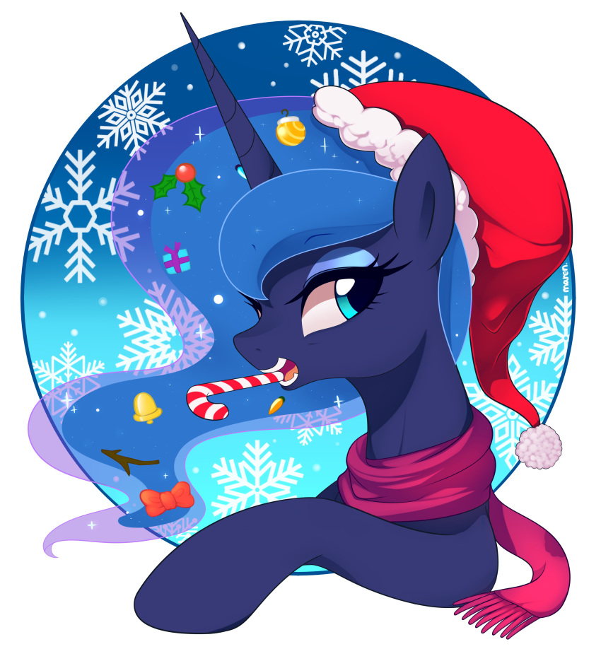 2018 candy christmas equid eyelashes female food friendship_is_magic hair hi_res holidays horn long_hair looking_at_viewer mammal marenlicious my_little_pony open_mouth princess_luna_(mlp) simple_background solo unicorn white_background