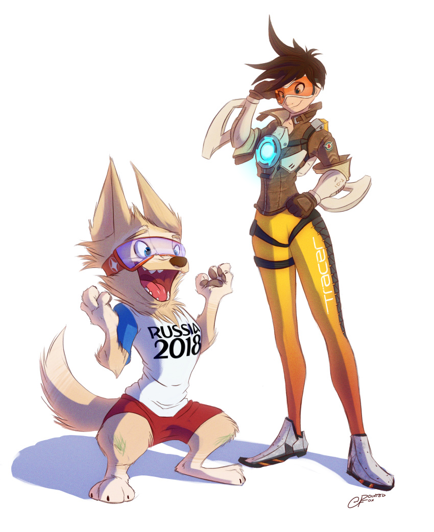 2016 :d absurd_res anthro barefoot blizzard_entertainment bottomwear canid canine canis claws clothed clothing crossover duo english_text excited eyewear female fifa footwear fur goggles grainy hair hi_res human long_legs looking_down male mammal mascot open_mouth overwatch pawpads paws pointedfox sharp_teeth shirt shoes shorts signature size_difference slim smile spread_legs spreading standing suit teeth text toe_claws tongue topwear tracer_(overwatch) video_games wolf zabivaka