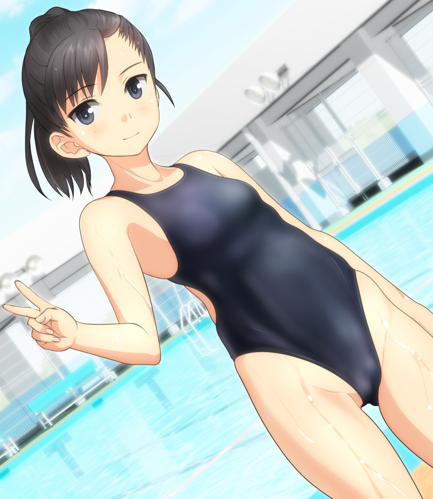 1girl ass_visible_through_thighs black_eyes black_hair black_swimsuit blue_sky breasts cloud commentary_request competition_swimsuit cowboy_shot day dutch_angle highres long_hair looking_at_viewer one-piece_swimsuit original outdoors ponytail pool sky small_breasts solo standing swimsuit takafumi v