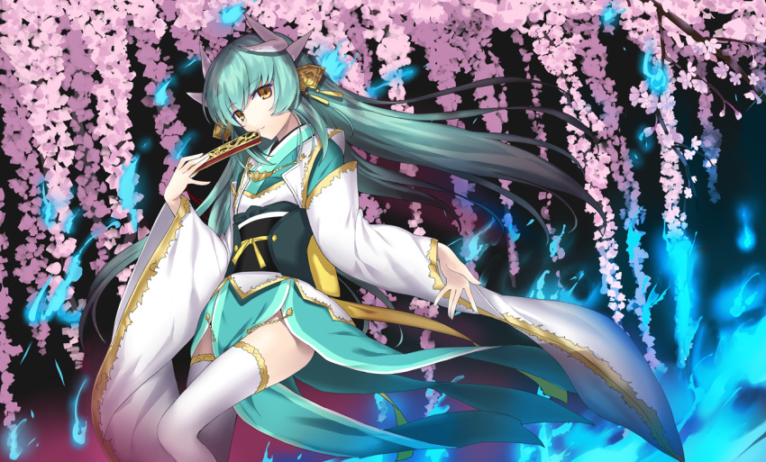 1girl blue_hair closed_fan eyebrows_visible_through_hair fan fate/grand_order fate_(series) floating_hair flower folding_fan hair_ornament holding holding_fan horns japanese_clothes kauto kimono kiyohime_(fate/grand_order) long_hair long_sleeves looking_at_viewer obi pink_flower sash solo standing thighhighs very_long_hair white_legwear wide_sleeves yellow_eyes