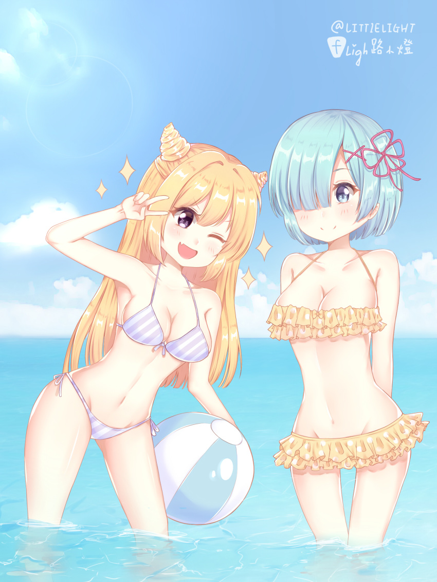 2girls ;d arm_up arms_behind_back ball bare_arms bare_shoulders beachball bikini blonde_hair blue_eyes blue_hair blue_sky blush breasts cleavage closed_mouth cloud cloudy_sky collarbone commentary_request day diagonal_stripes fang front-tie_bikini front-tie_top groin hair_ornament hair_over_one_eye hair_ribbon hairclip highres horizon large_breasts leaning_to_the_side light_(luxiao_deng) long_hair multiple_girls navel ocean one_eye_closed open_mouth original outdoors pink_ribbon polka_dot polka_dot_bikini purple_eyes re:zero_kara_hajimeru_isekai_seikatsu rem_(re:zero) ribbon short_hair side-tie_bikini sky smile sparkle standing striped striped_bikini swimsuit thigh_gap two_side_up v_over_eye very_long_hair wading water x_hair_ornament yellow_bikini